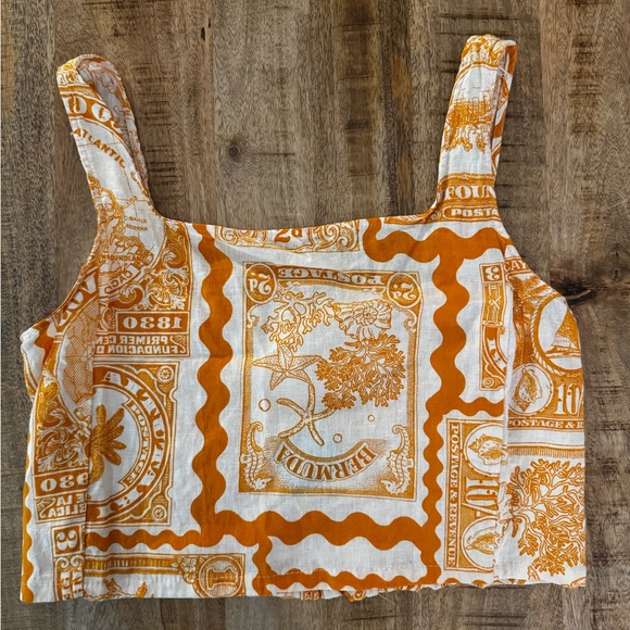 Artelier Nicole Miller Tops - Artelier Nicole Miller linen blend Orange and Cream crop top tank postage stamps